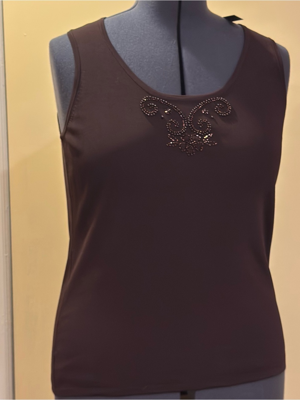 BCBG MAXAZARIA, sleeveless knit dark brown top with beading. XL